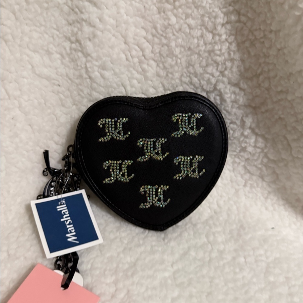 NWT Juicy Couture Heart-Shaped Black Coin Purse with Rhinestone Design